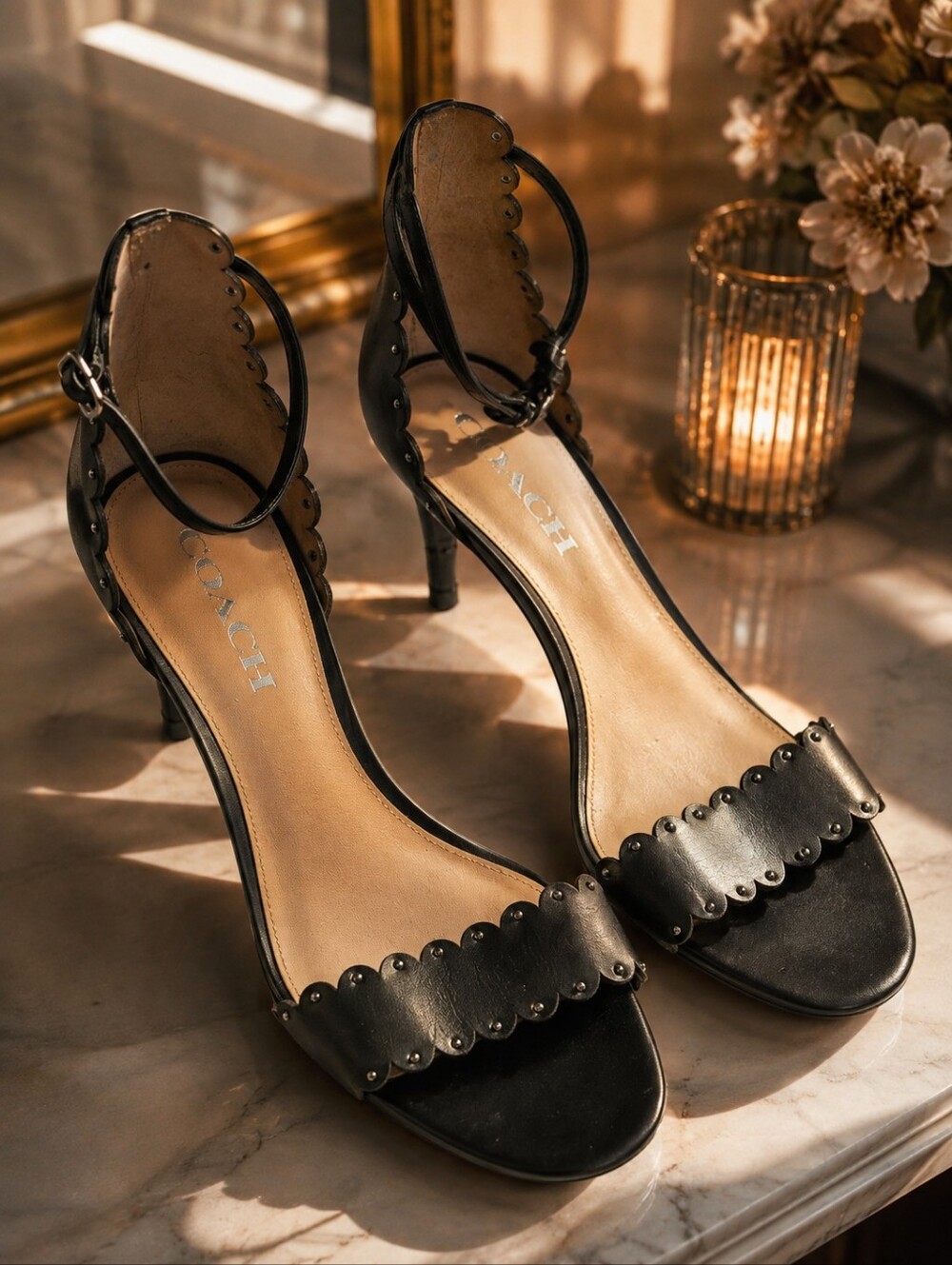 Coach Black Leather Scalloped Studded Heels Women's Size 9 Ankle Strap